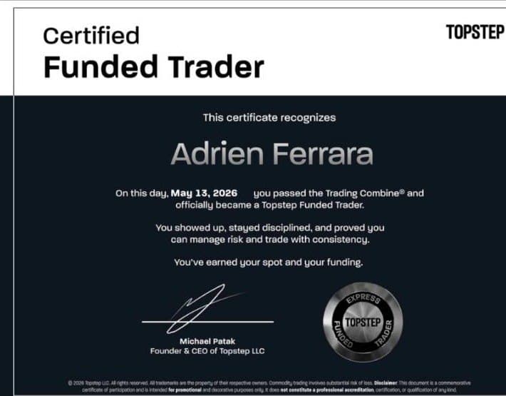 Certificat de compte financé Topstep pour Adrien Ferrara
