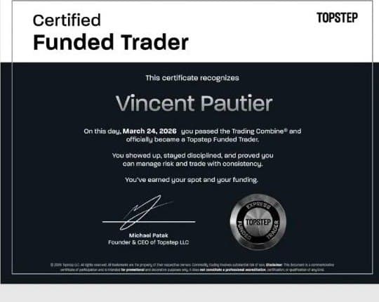 Certificat de compte financé Topstep pour un élève