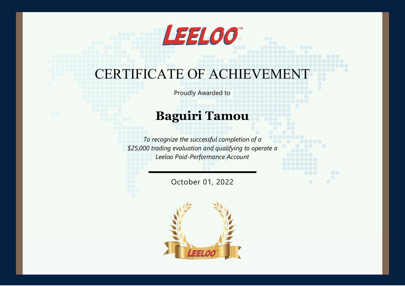 Certificat de réussite d'évaluation Leeloo pour Baguiri Tamou